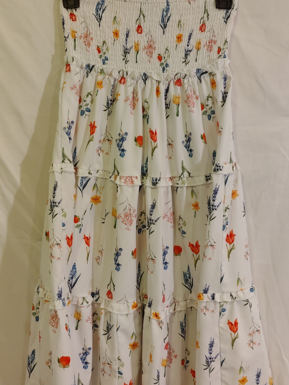 Floral Tiered White Strapless Dress with Smocked Waist